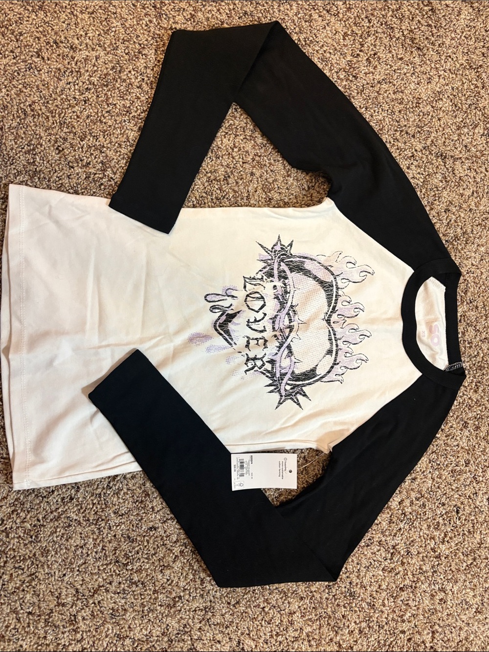 SO Black and White Raglan Tee with Glitter Crown & Flame Graphic